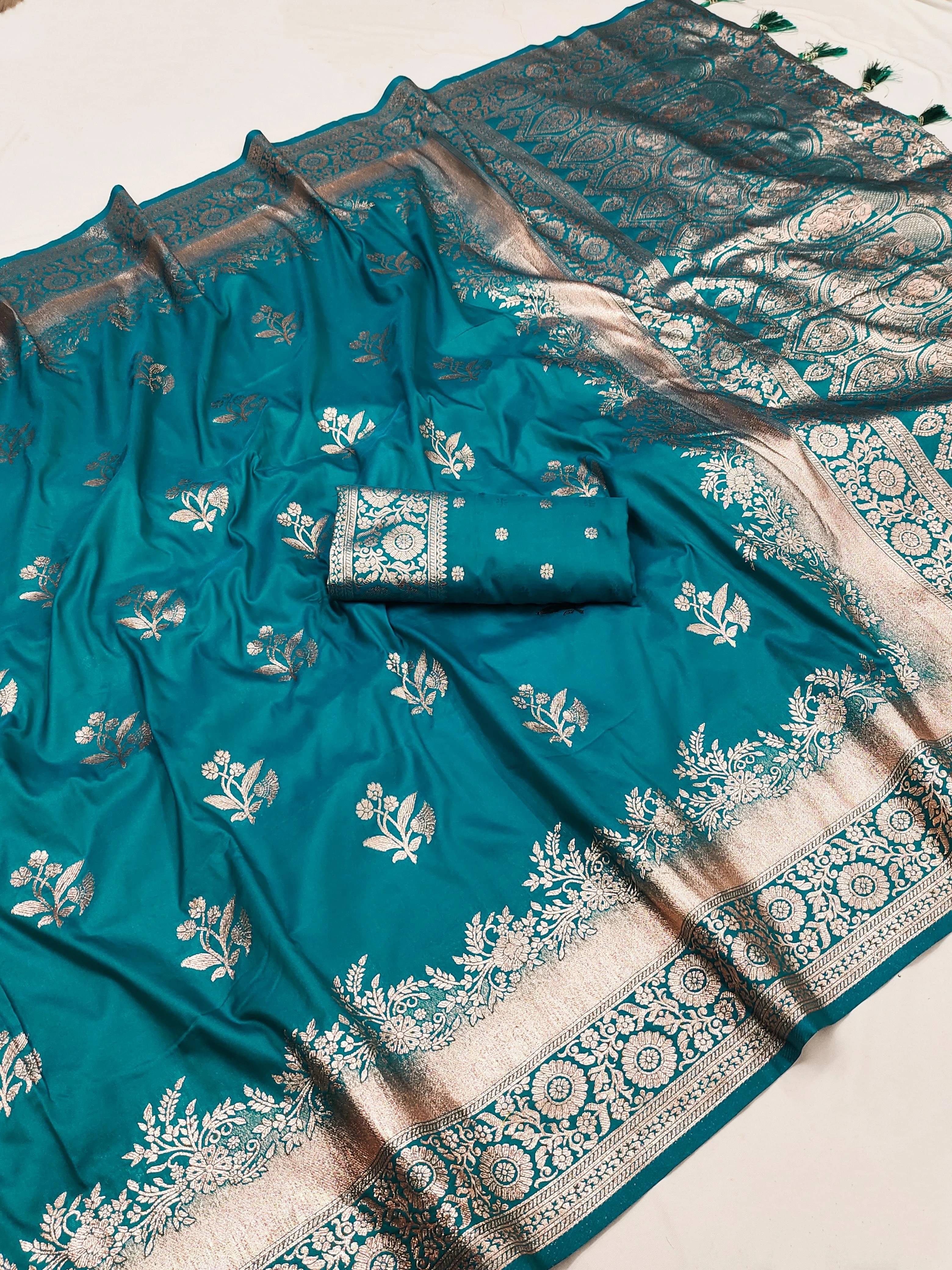     			Bansari Textile Jacquard Printed Banarasi saree With Unstitched Blouse Piece ( Light Blue )