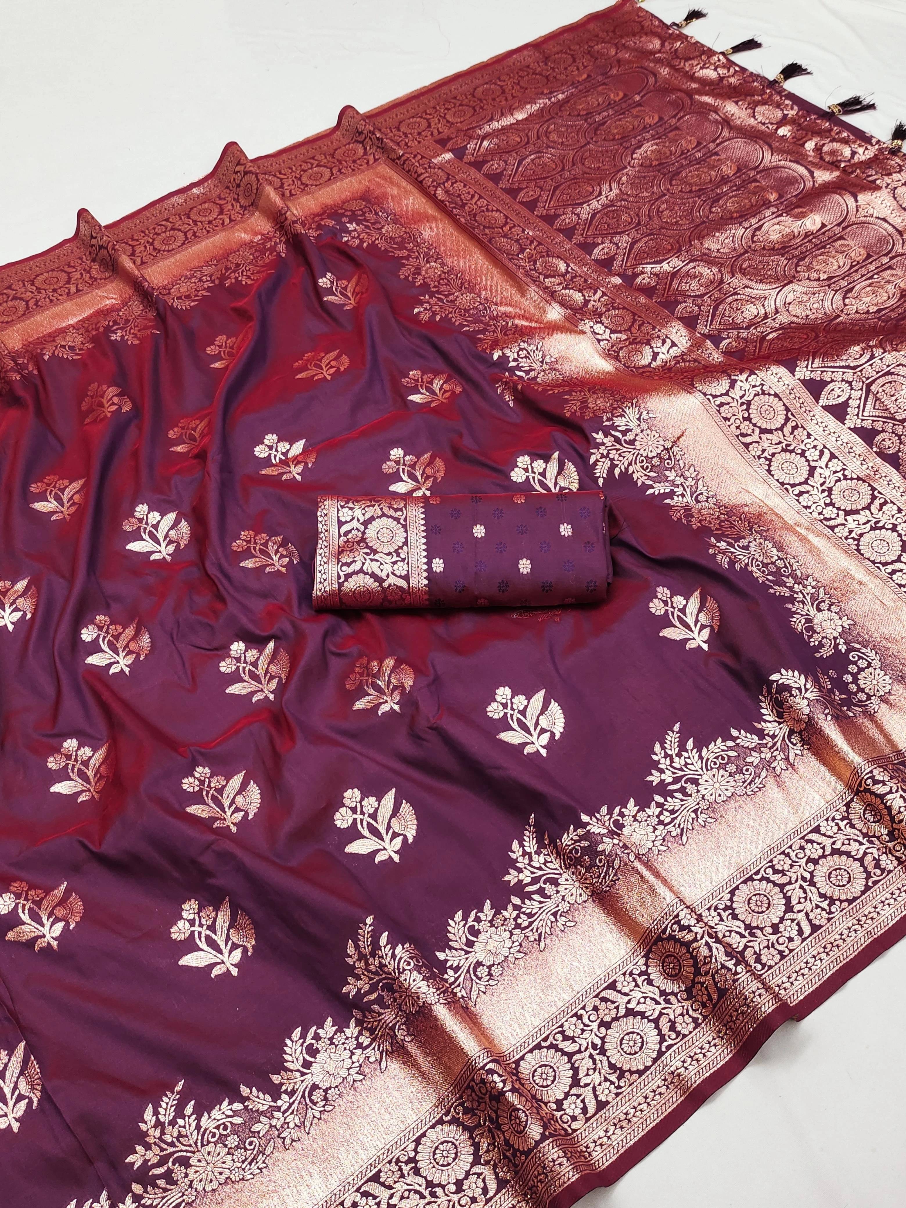 Bansari Textile Jacquard Printed Banarasi saree With Unstitched Blouse Piece ( Magenta ) Bansari Textile Jacquard Printed Banarasi saree With Unstitched Blouse Piece ( Magenta )
