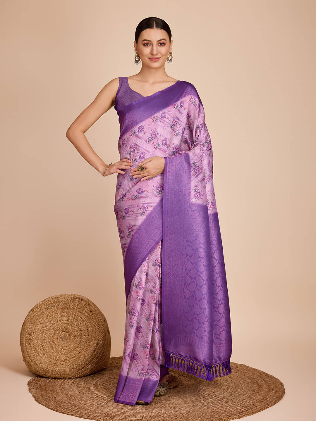     			Bansari Textile Jacquard Printed Banarasi saree With Unstitched Blouse Piece ( Purple )