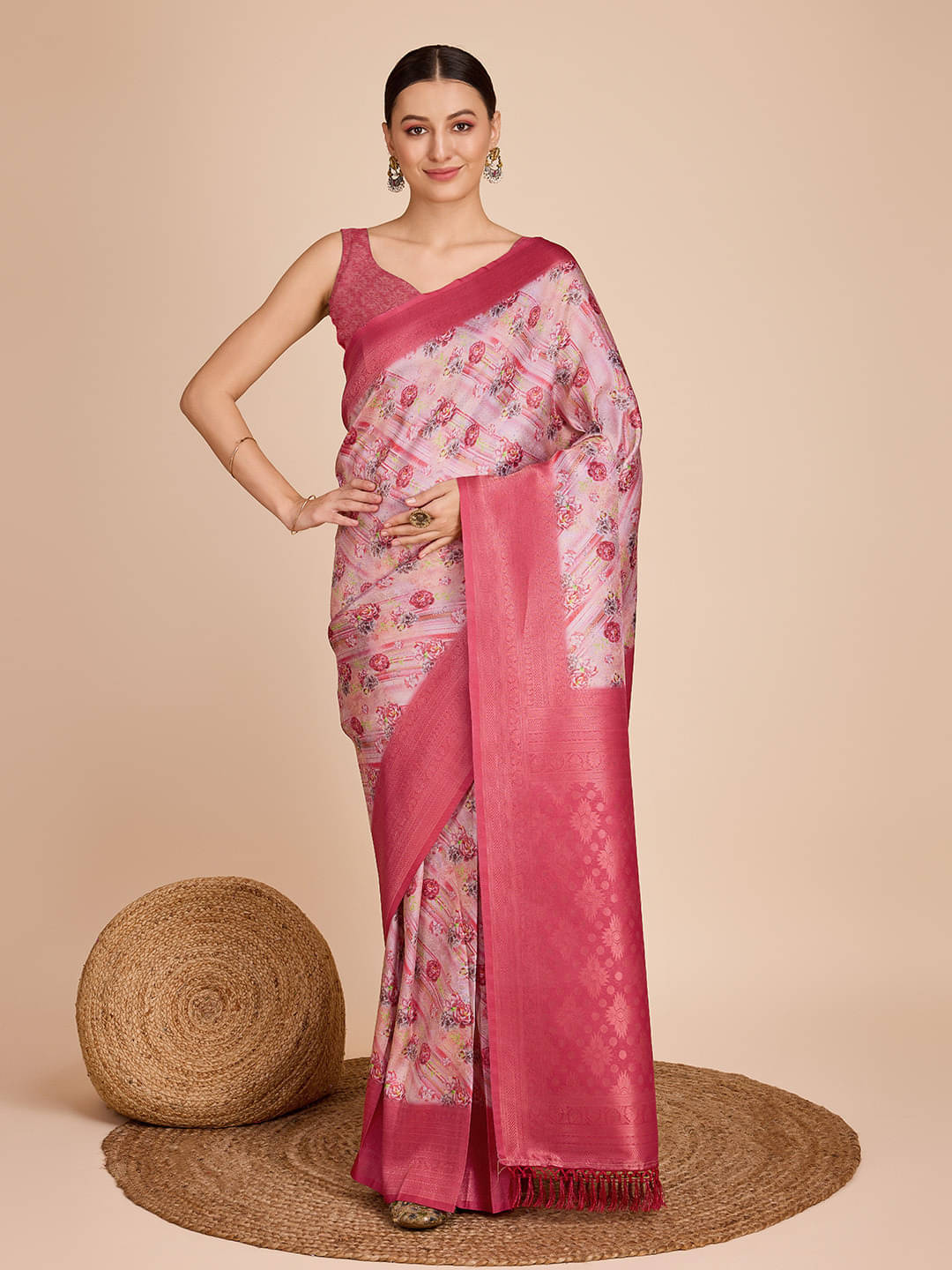 Bansari Textile Jacquard Printed Banarasi saree With Unstitched Blouse Piece ( Pink ) Bansari Textile Jacquard Printed Banarasi saree With Unstitched Blouse Piece ( Pink )