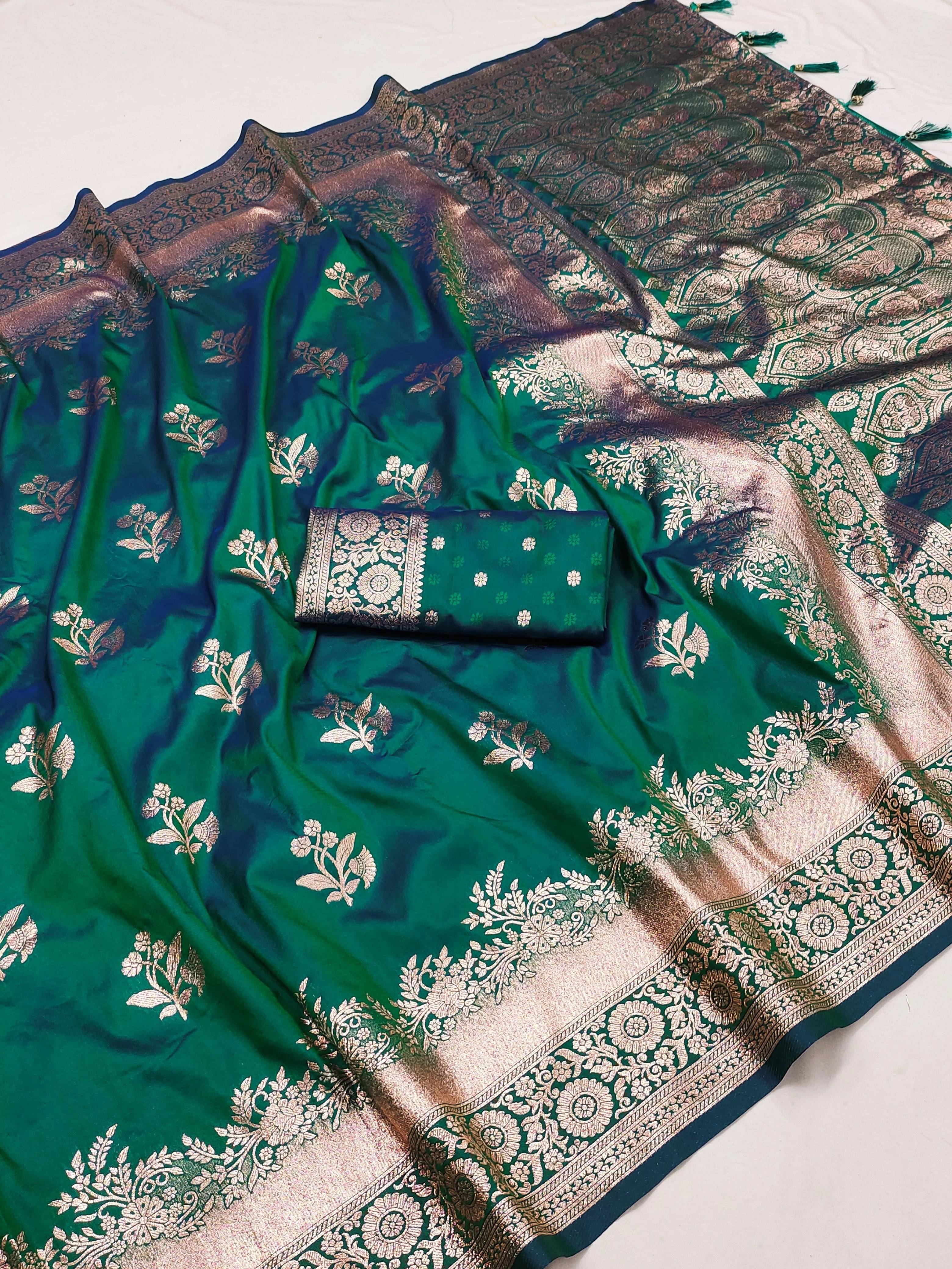     			Bansari Textile Jacquard Printed Banarasi saree With Unstitched Blouse Piece ( Green )