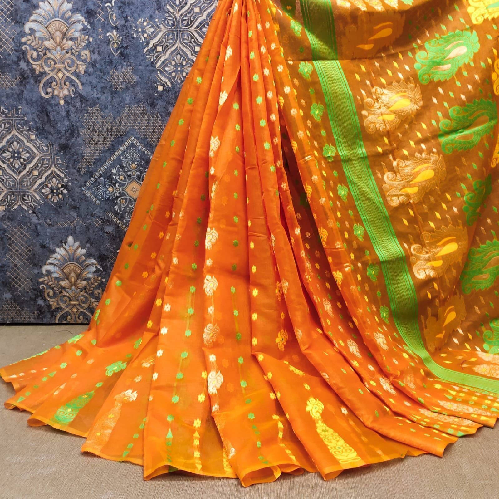     			Bansari Textile Jacquard Printed Jamdani Saree With Unstitched Blouse Piece ( Orange )