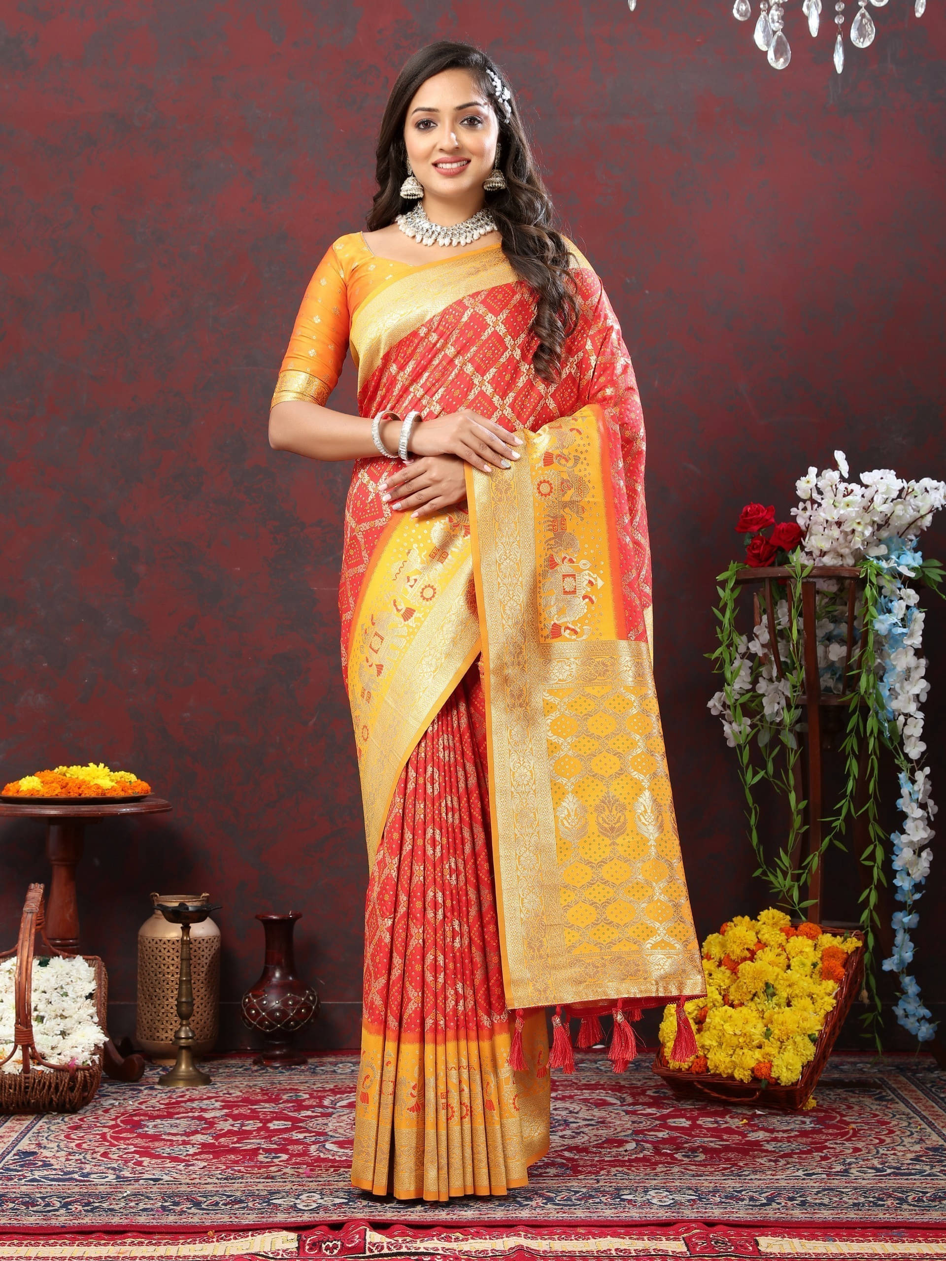 Bansari Textile Jacquard Self Design Paithani Sarees With Unstitched Blouse Piece ( Red ) Bansari Textile Jacquard Self Design Paithani Sarees With Unstitched Blouse Piece ( Red )