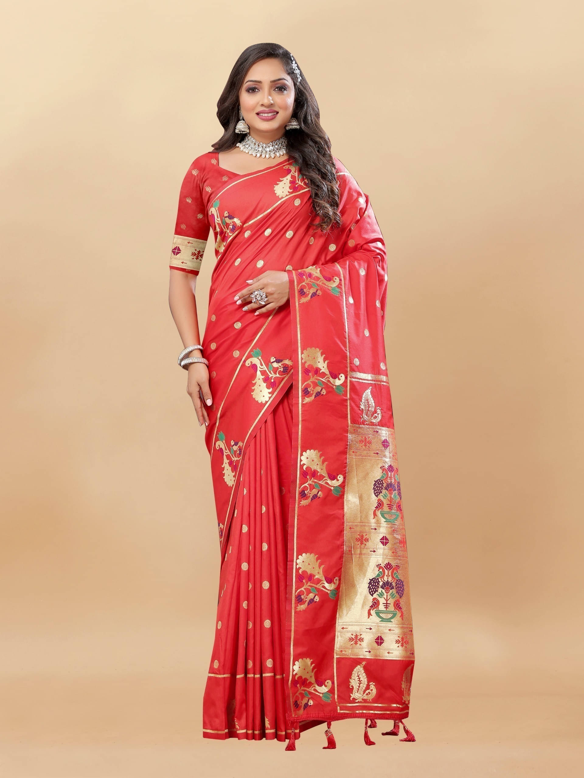 Bansari Textile Jacquard Self Design Paithani Sarees With Unstitched Blouse Piece ( Red ) Bansari Textile Jacquard Self Design Paithani Sarees With Unstitched Blouse Piece ( Red )