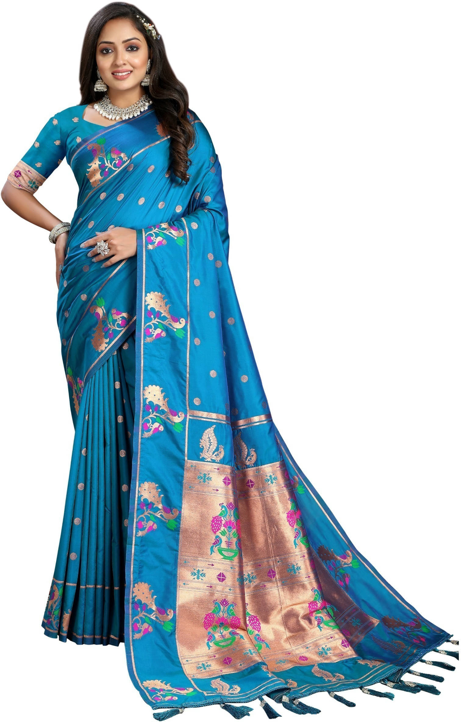 Bansari Textile Jacquard Self Design Paithani Sarees With Unstitched Blouse Piece ( Light Blue ) Bansari Textile Jacquard Self Design Paithani Sarees With Unstitched Blouse Piece ( Light Blue )