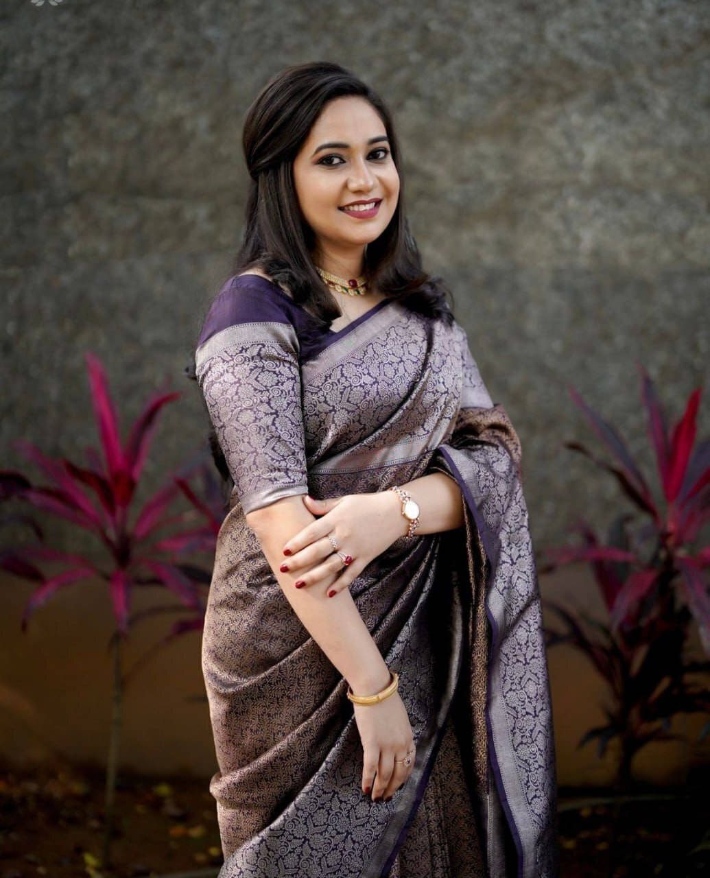     			Bansari Textile Jacquard Self Design Kanjeevaram Sarees With Unstitched Blouse Piece ( Purple )