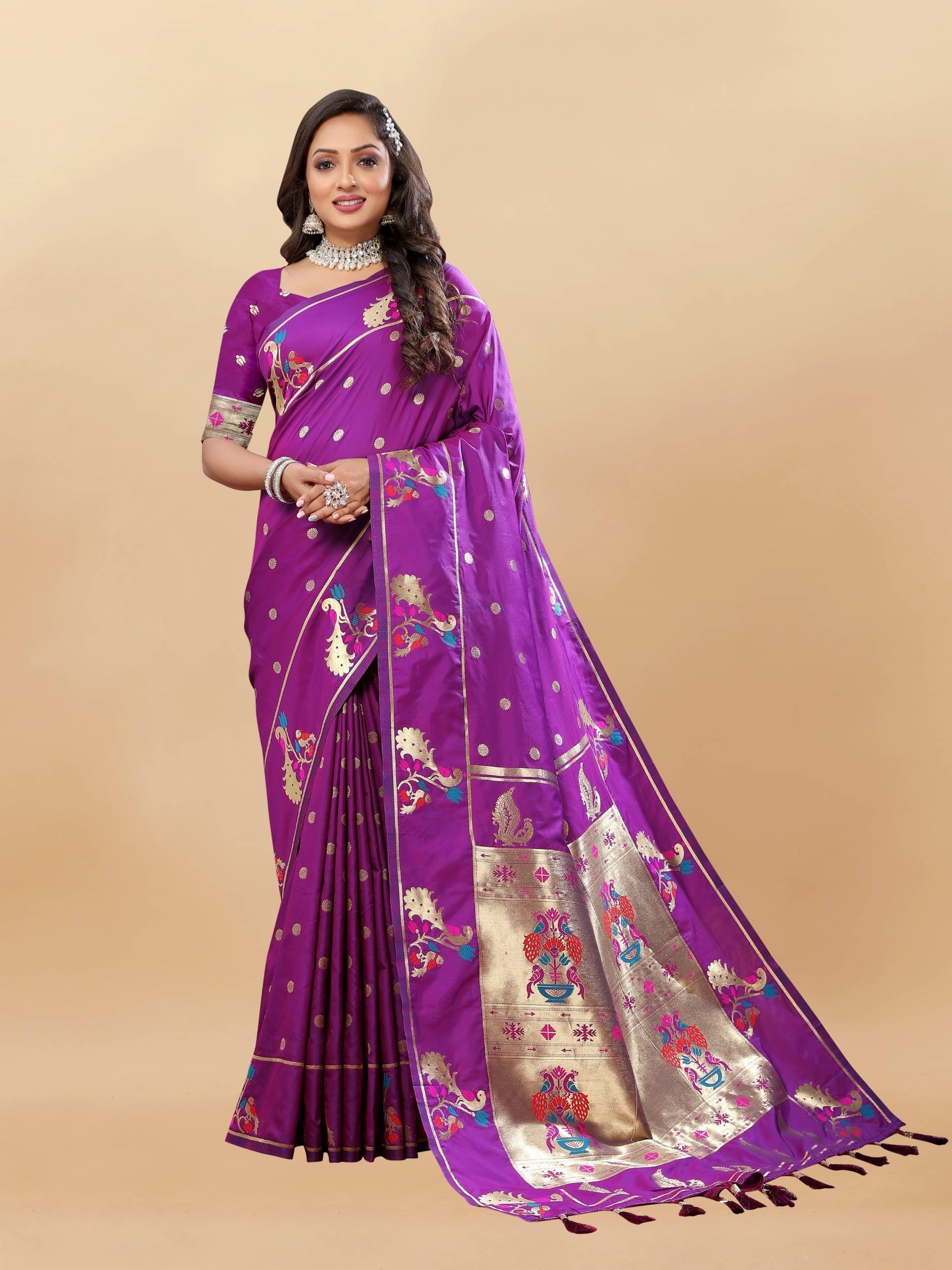 Bansari Textile Jacquard Self Design Paithani Sarees With Unstitched Blouse Piece ( Purple ) Bansari Textile Jacquard Self Design Paithani Sarees With Unstitched Blouse Piece ( Purple )