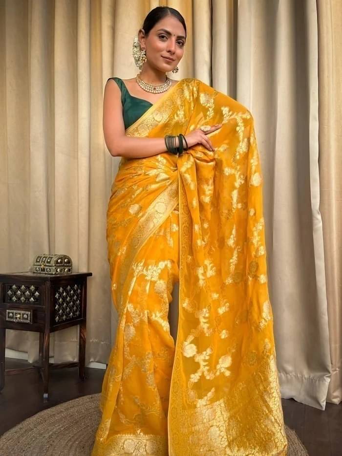 Bansari Textile Jacquard Self Design Kanjeevaram Sarees With Unstitched Blouse Piece ( Yellow ) Bansari Textile Jacquard Self Design Kanjeevaram Sarees With Unstitched Blouse Piece ( Yellow )
