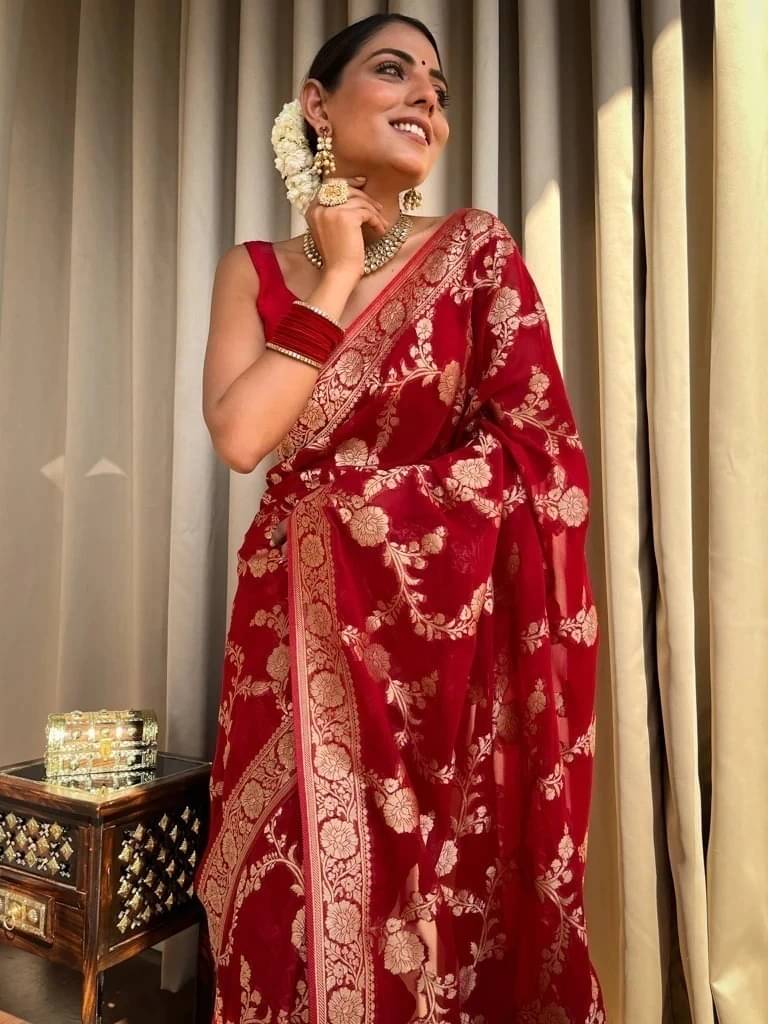     			Bansari Textile Jacquard Self Design Kanjeevaram Sarees With Unstitched Blouse Piece ( Red )