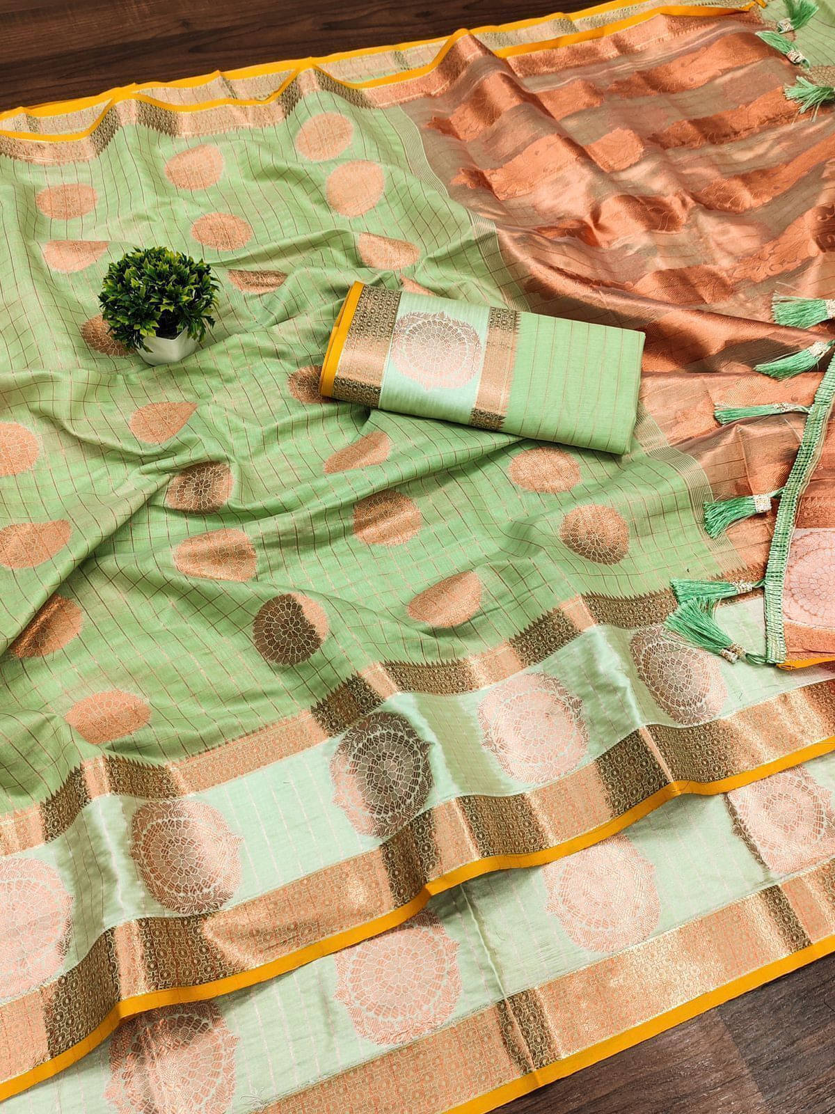 Bansari Textile Jacquard Self Design Banarasi saree With Unstitched Blouse Piece ( Light Green ) Bansari Textile Jacquard Self Design Banarasi saree With Unstitched Blouse Piece ( Light Green )