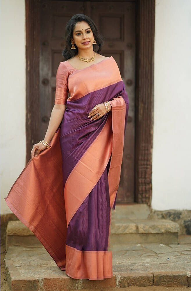 Bansari Textile Jacquard Striped Regular Saree With Unstitched Blouse Piece ( Purple ) Bansari Textile Jacquard Striped Regular Saree With Unstitched Blouse Piece ( Purple )