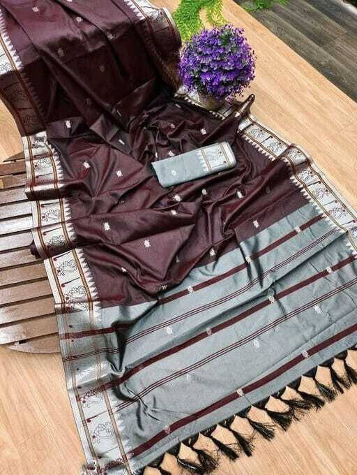     			Bansari Textile Jacquard Woven Baluchari Saree With Unstitched Blouse Piece ( Brown )
