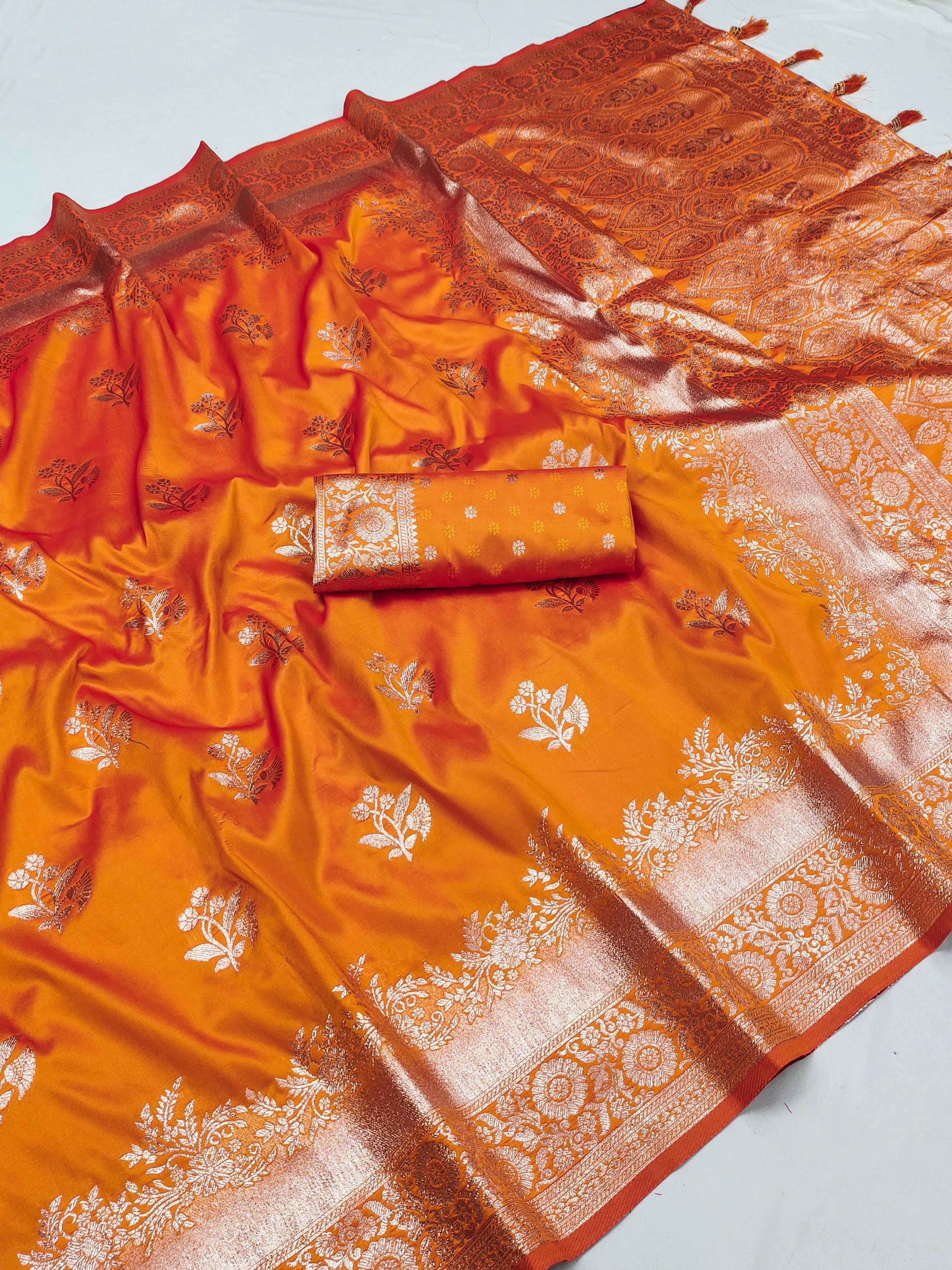 Bansari Textile Jacquard Woven Banarasi saree With Unstitched Blouse Piece ( Orange ) Bansari Textile Jacquard Woven Banarasi saree With Unstitched Blouse Piece ( Orange )