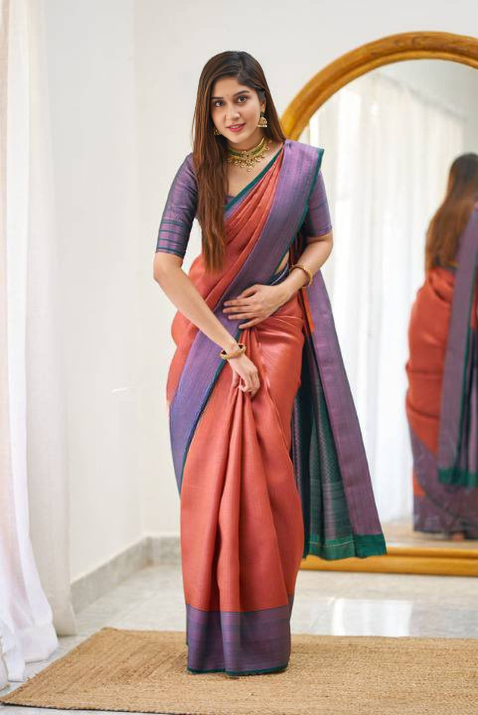     			Bansari Textile Jacquard Woven Banarasi saree With Unstitched Blouse Piece ( Orange )