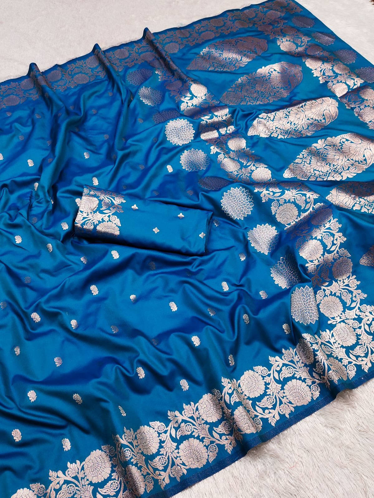     			Bansari Textile Jacquard Woven Banarasi saree With Unstitched Blouse Piece ( Light Blue )