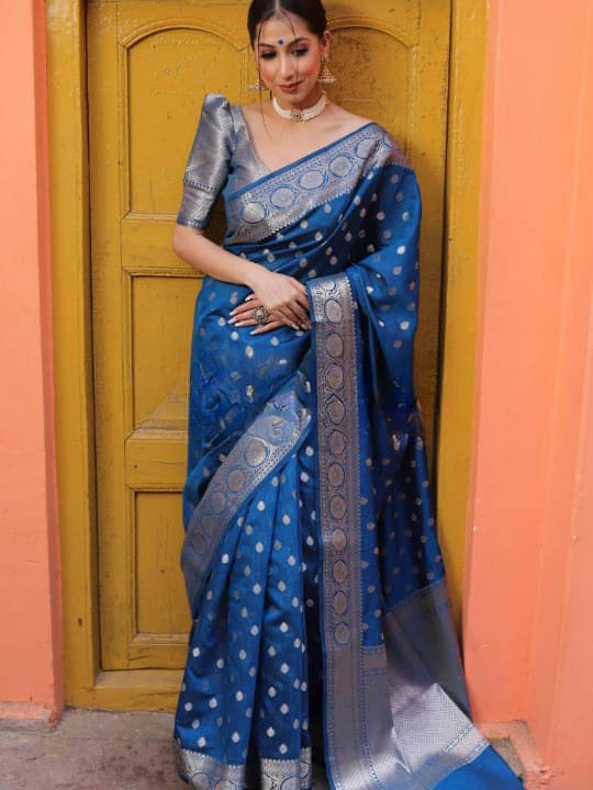     			Bansari Textile Jacquard Woven Kanjeevaram Sarees With Unstitched Blouse Piece ( Blue )