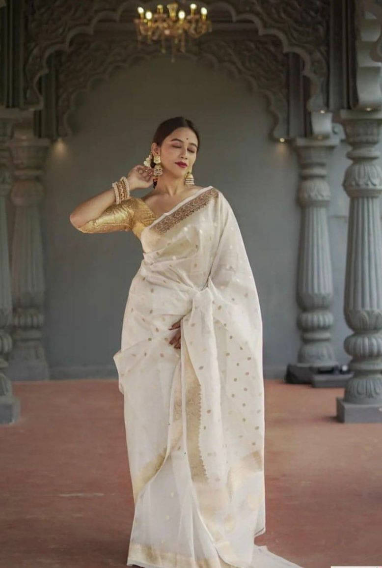 Bansari Textile Jacquard Woven Regular Saree With Unstitched Blouse Piece ( White ) Bansari Textile Jacquard Woven Regular Saree With Unstitched Blouse Piece ( White )