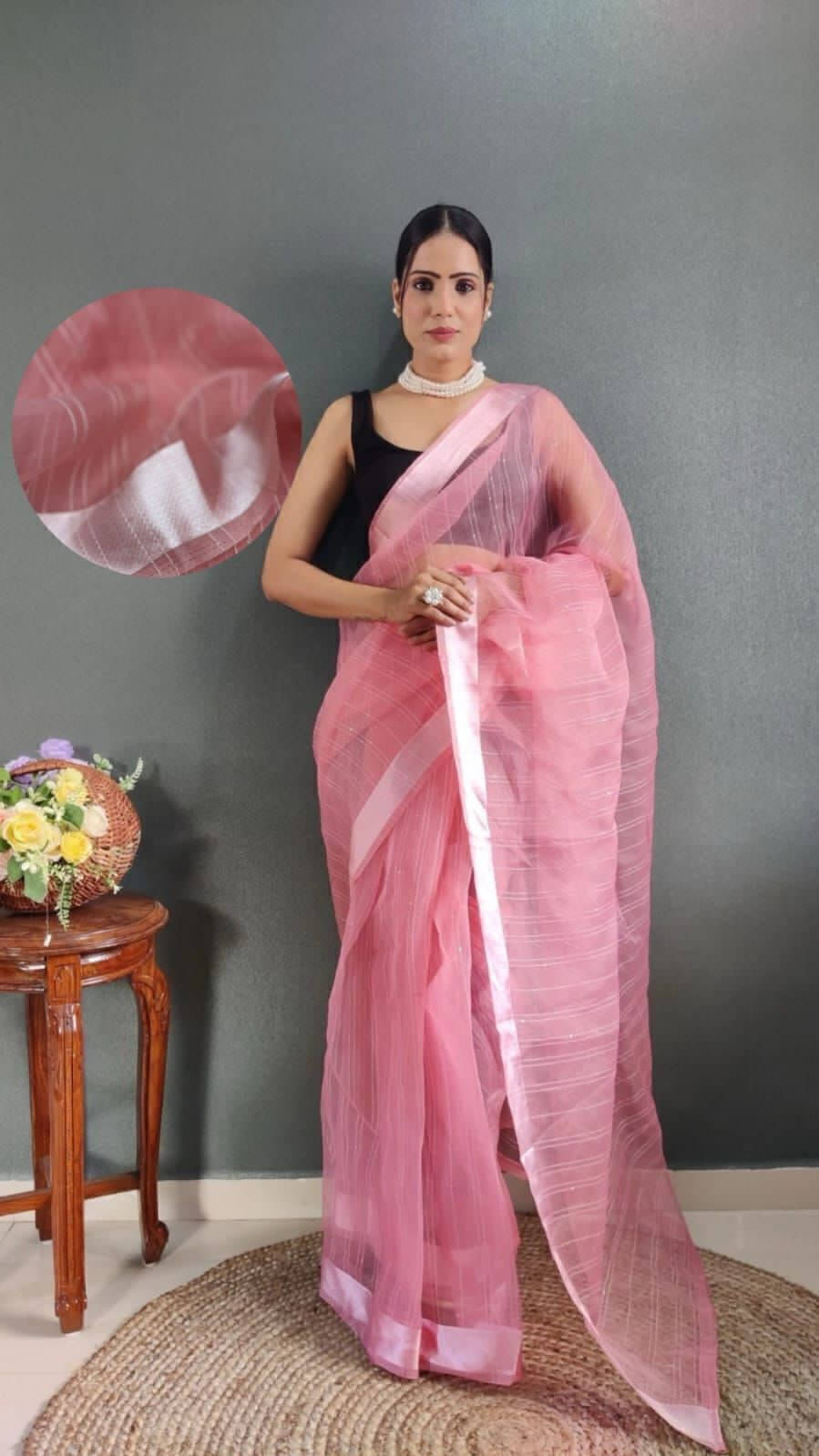     			Bansari Textile Organza Printed Regular Saree With Stitched Blouse ( Pink )