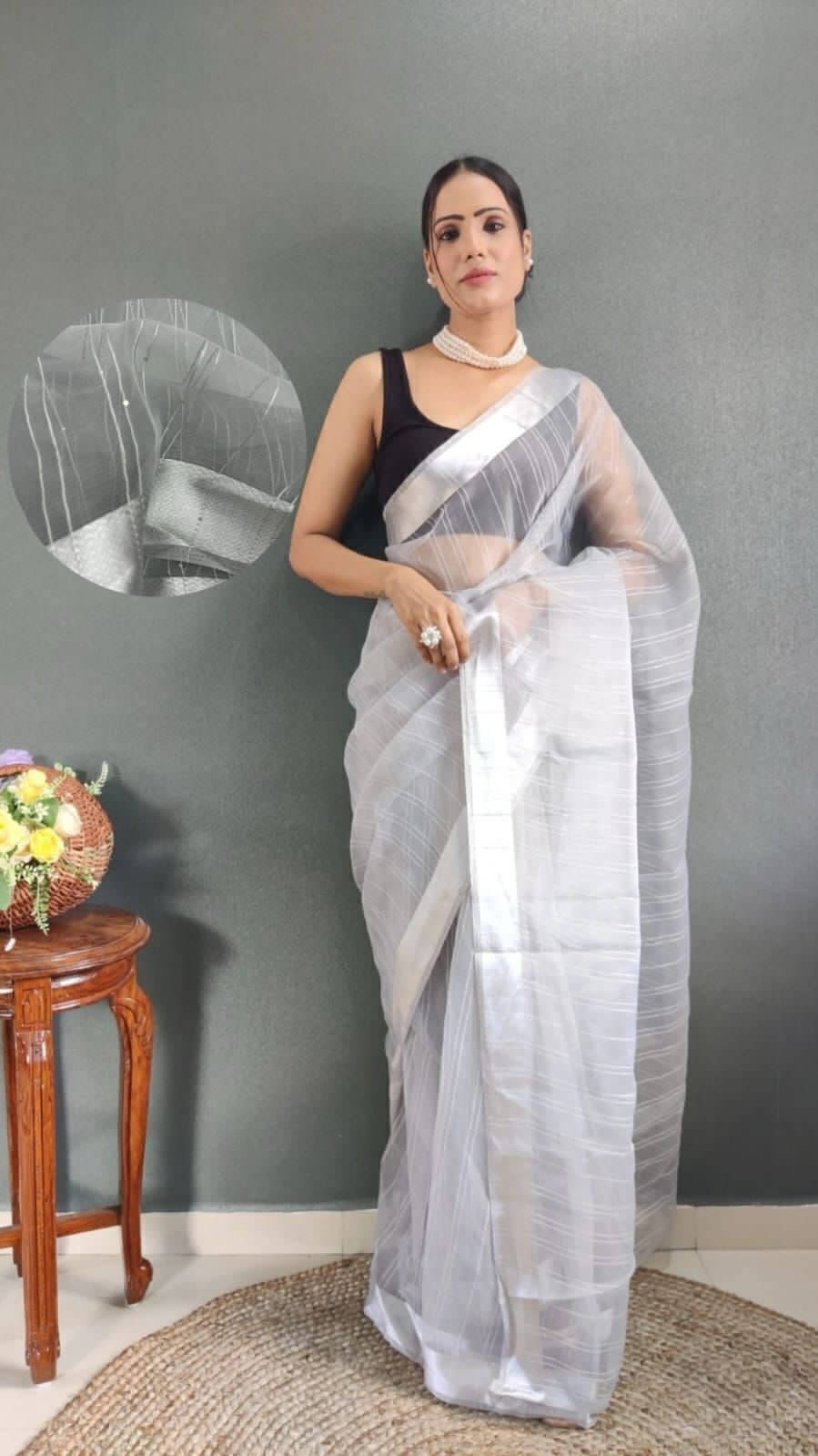 Bansari Textile Organza Printed Regular Saree With Stitched Blouse ( Grey ) Bansari Textile Organza Printed Regular Saree With Stitched Blouse ( Grey )
