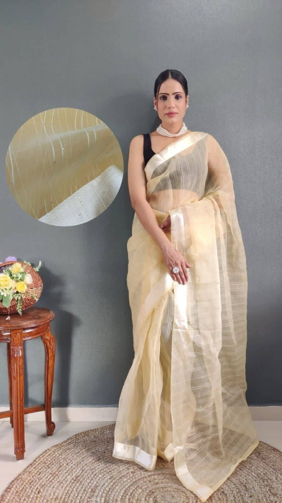     			Bansari Textile Organza Printed Regular Saree With Stitched Blouse ( Yellow )