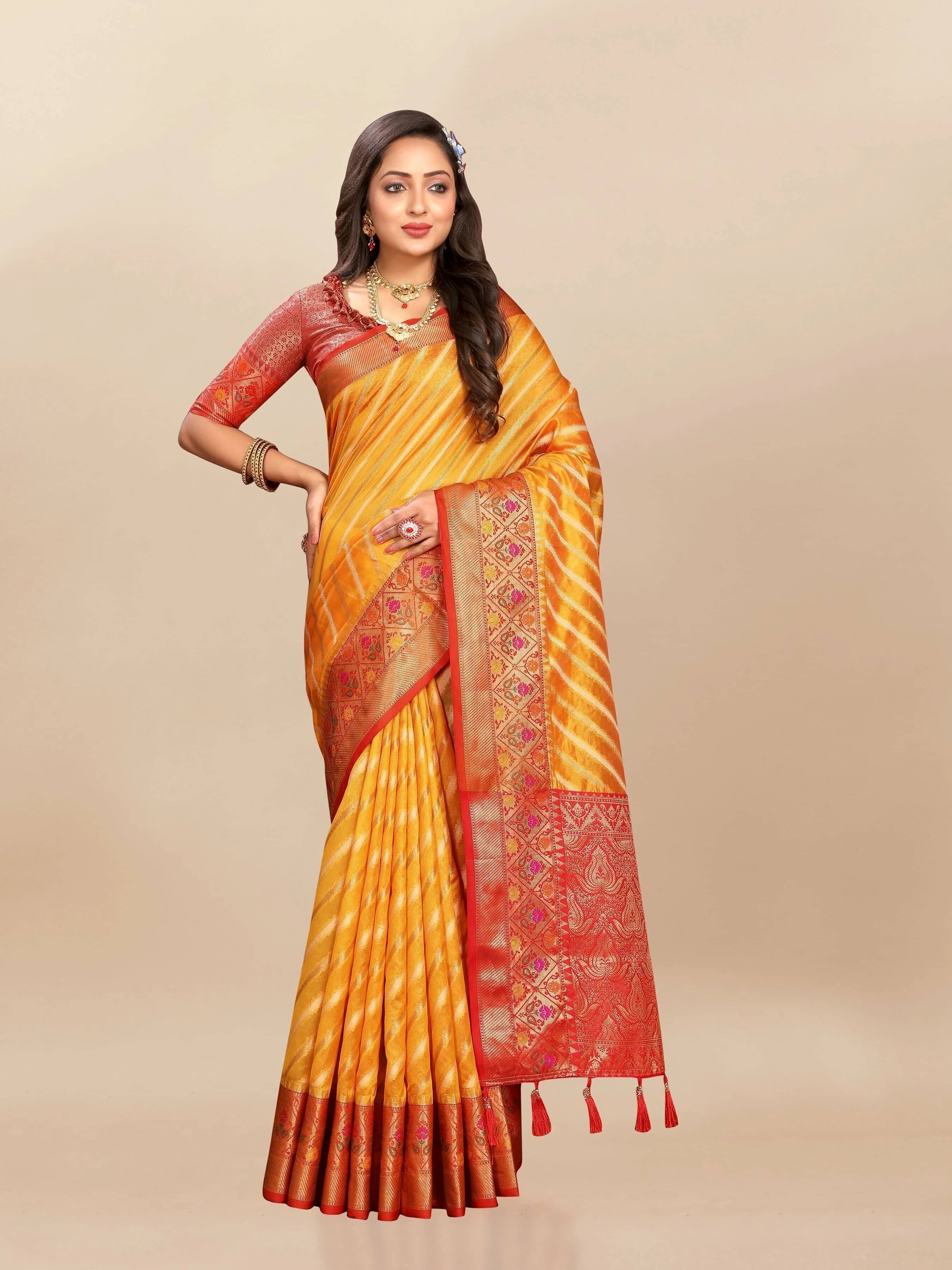 Bansari Textile Organza Woven Banarasi saree With Unstitched Blouse Piece ( Yellow ) Bansari Textile Organza Woven Banarasi saree With Unstitched Blouse Piece ( Yellow )