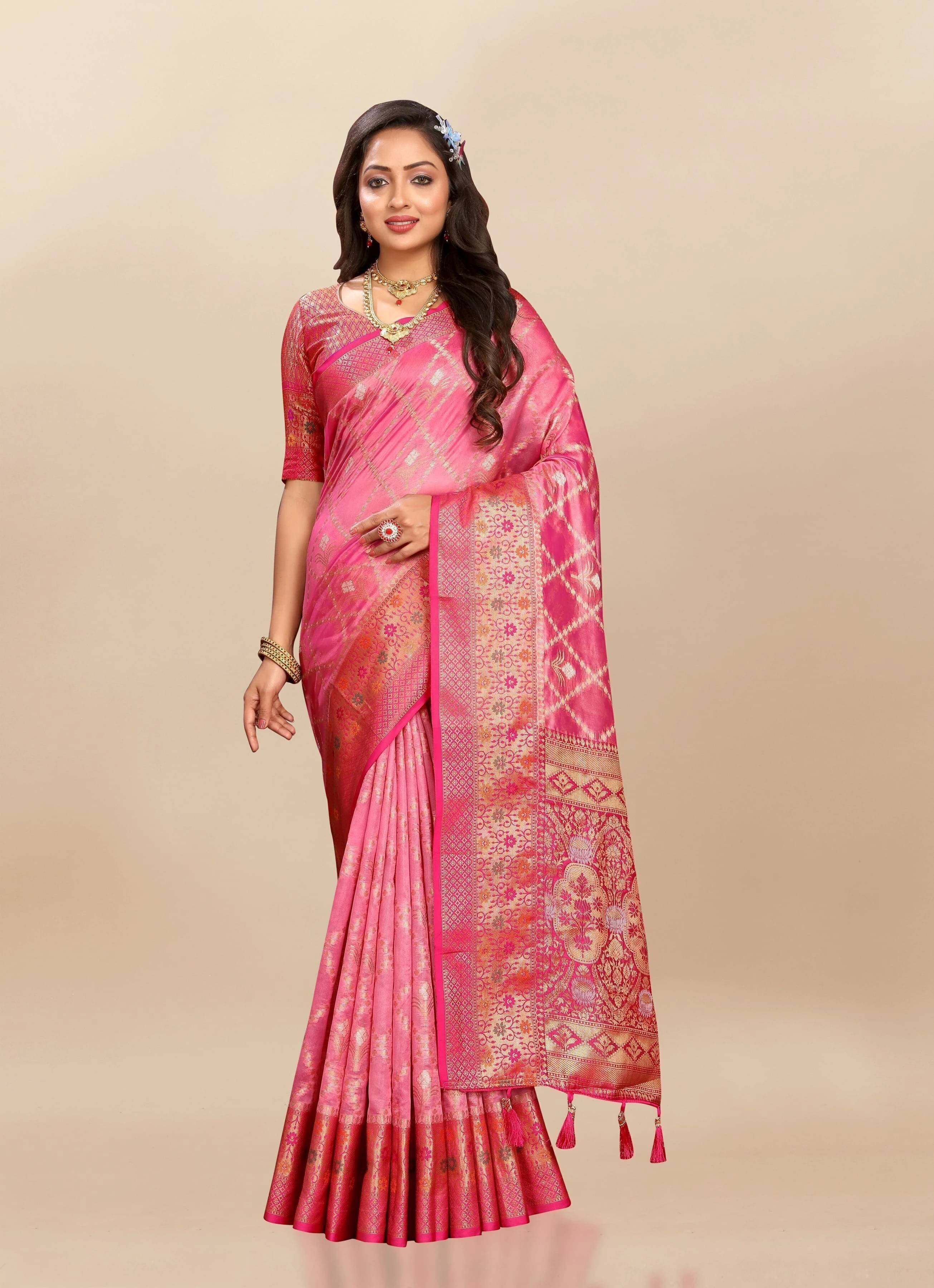 Bansari Textile Organza Woven Banarasi saree With Unstitched Blouse Piece ( Pink ) Bansari Textile Organza Woven Banarasi saree With Unstitched Blouse Piece ( Pink )