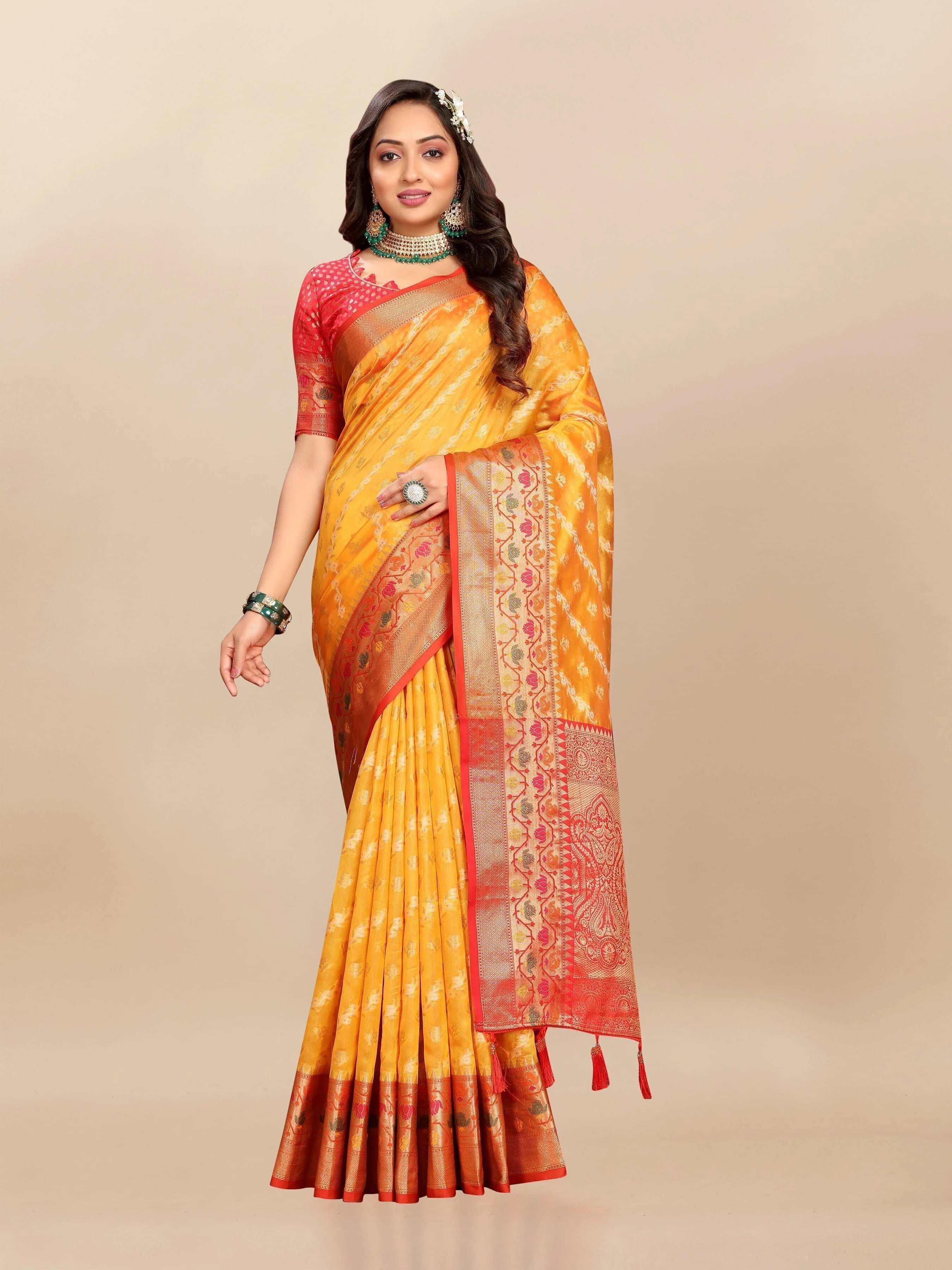 Bansari Textile Organza Woven Banarasi saree With Unstitched Blouse Piece ( Yellow ) Bansari Textile Organza Woven Banarasi saree With Unstitched Blouse Piece ( Yellow )