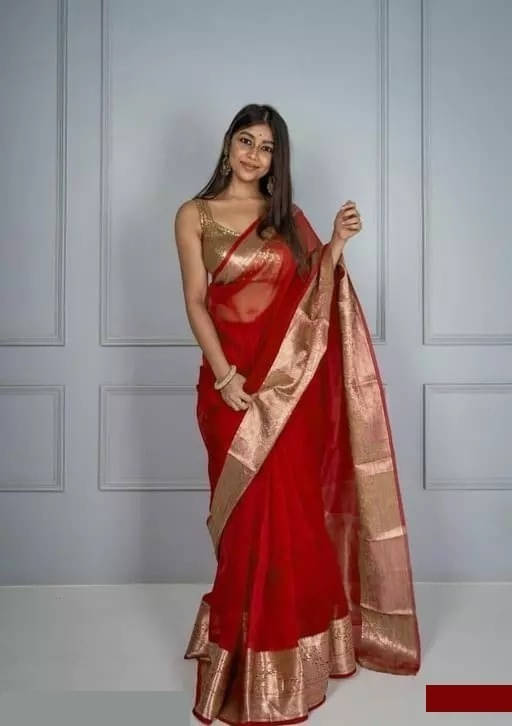     			Bansari Textile Organza Woven Regular Saree With Unstitched Blouse Piece ( Red )