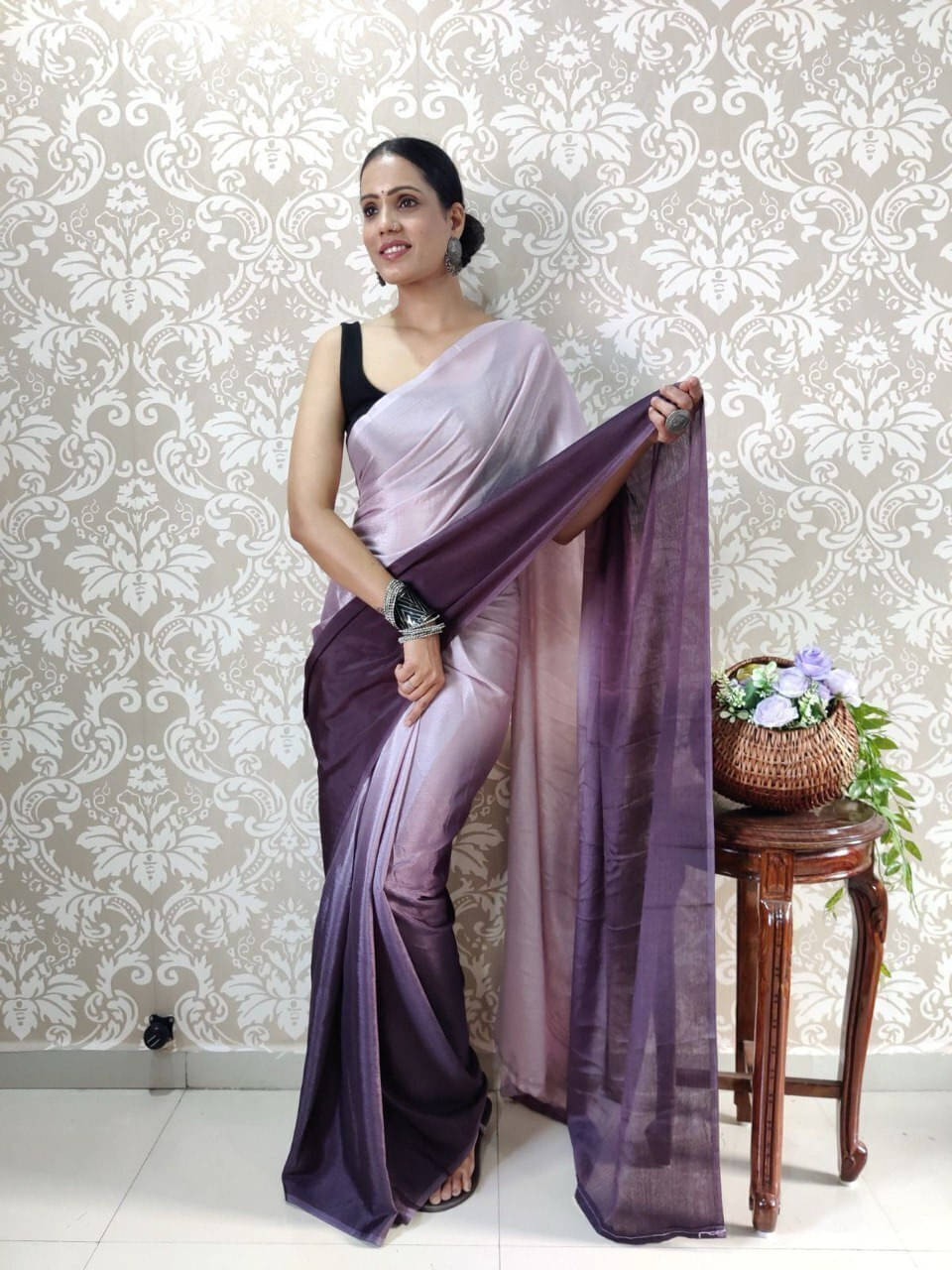     			Bansari Textile Silk Blend Printed Regular Saree With Stitched Blouse ( Purple )