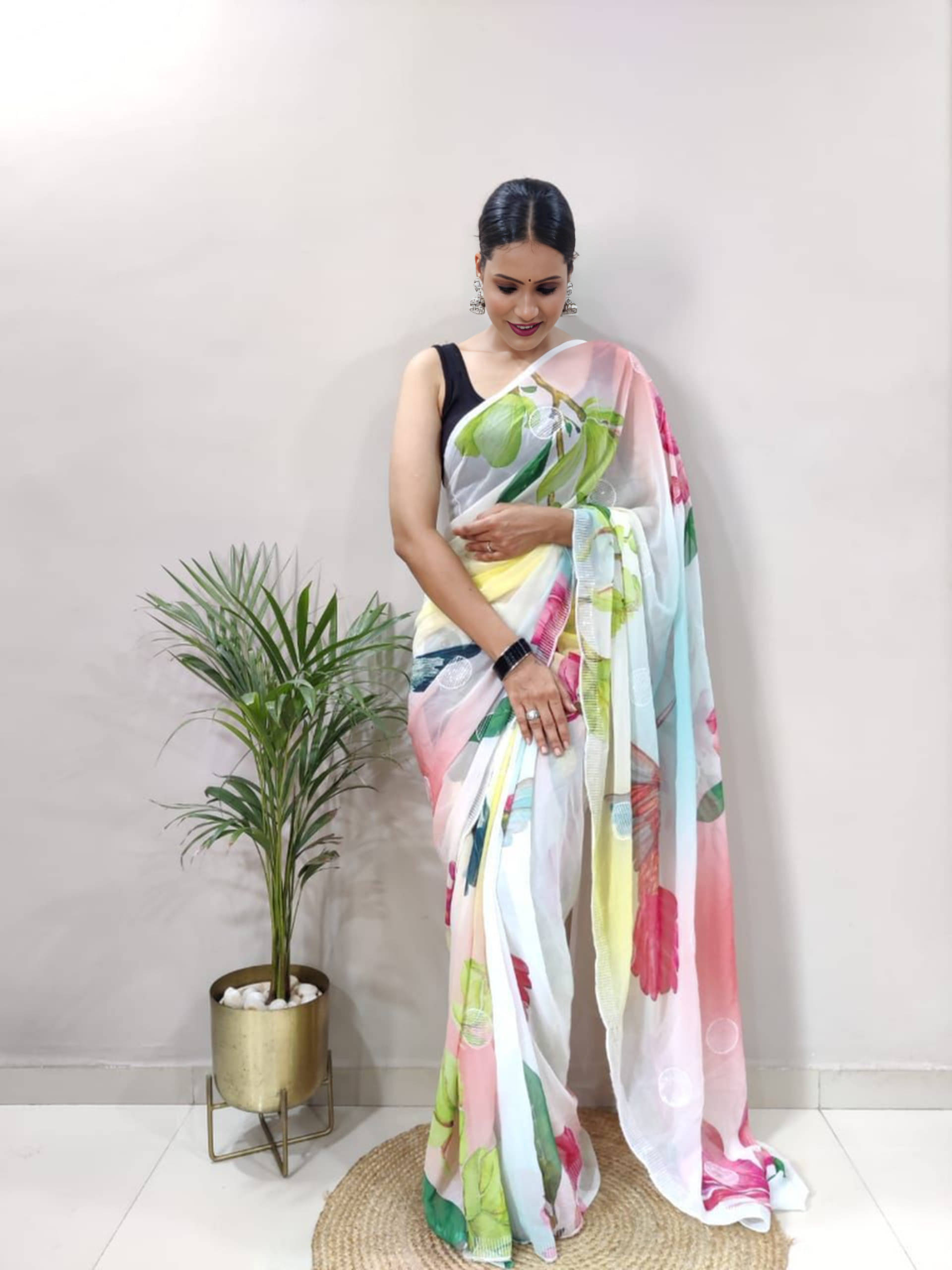     			Bansari Textile Silk Blend Printed Regular Saree With Stitched Blouse ( Multicolor )