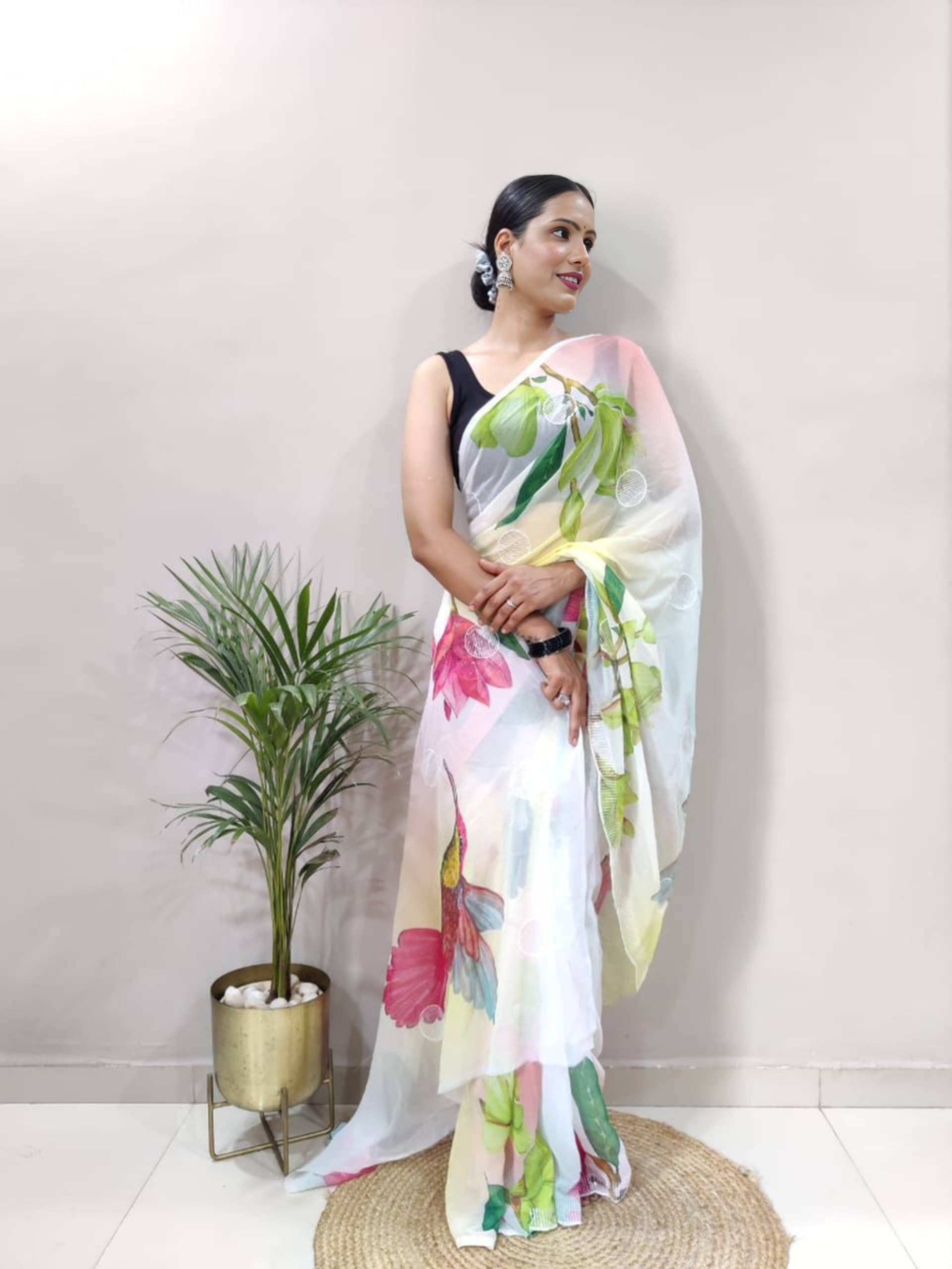 Bansari Textile Silk Blend Printed Regular Saree With Stitched Blouse ( White ) Bansari Textile Silk Blend Printed Regular Saree With Stitched Blouse ( White )
