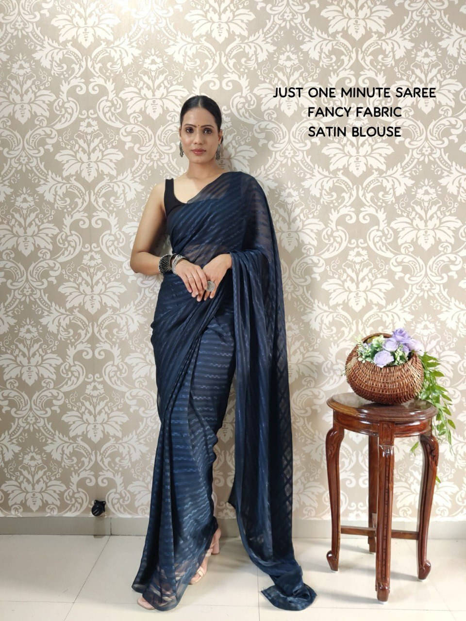 Bansari Textile Silk Blend Printed Regular Saree With Stitched Blouse ( Blue )     			Bansari Textile Silk Blend Printed Regular Saree With Stitched Blouse ( Blue )