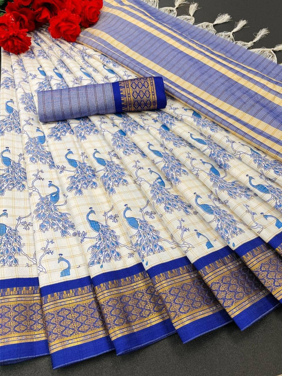     			Bansari Textile Silk Blend Printed Jamdani Saree With Unstitched Blouse Piece ( Blue )