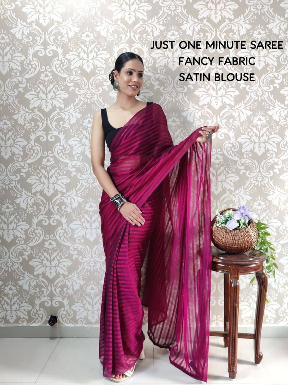 Bansari Textile Silk Blend Printed Regular Saree With Stitched Blouse ( Pink ) Bansari Textile Silk Blend Printed Regular Saree With Stitched Blouse ( Pink )