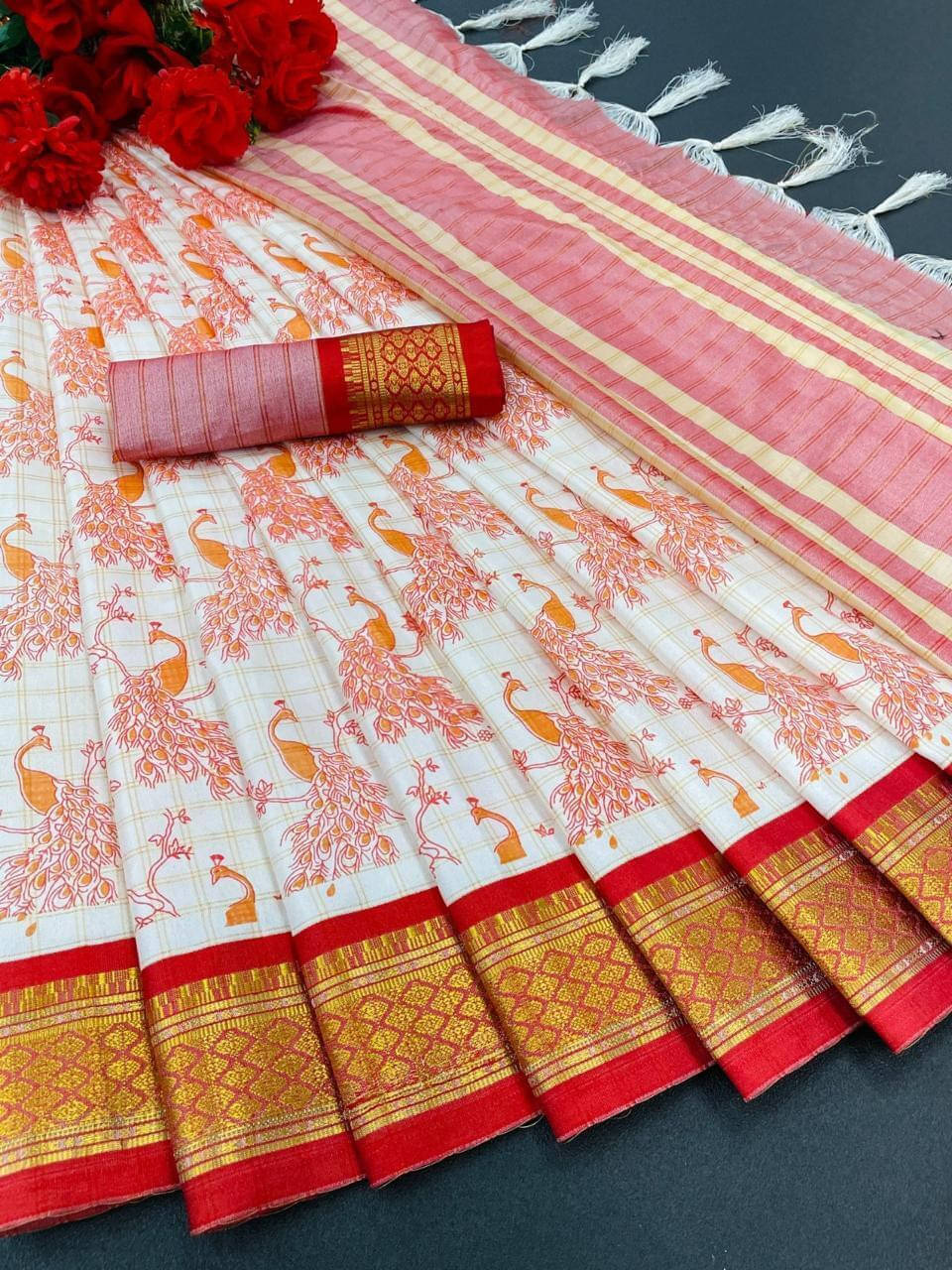     			Bansari Textile Silk Blend Printed Jamdani Saree With Unstitched Blouse Piece ( Red )
