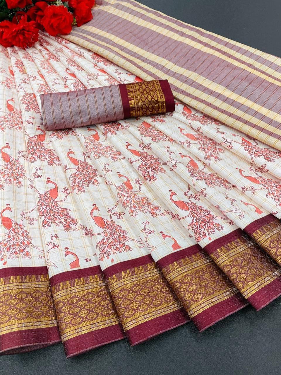 Bansari Textile Silk Blend Printed Jamdani Saree With Unstitched Blouse Piece ( Maroon ) Bansari Textile Silk Blend Printed Jamdani Saree With Unstitched Blouse Piece ( Maroon )
