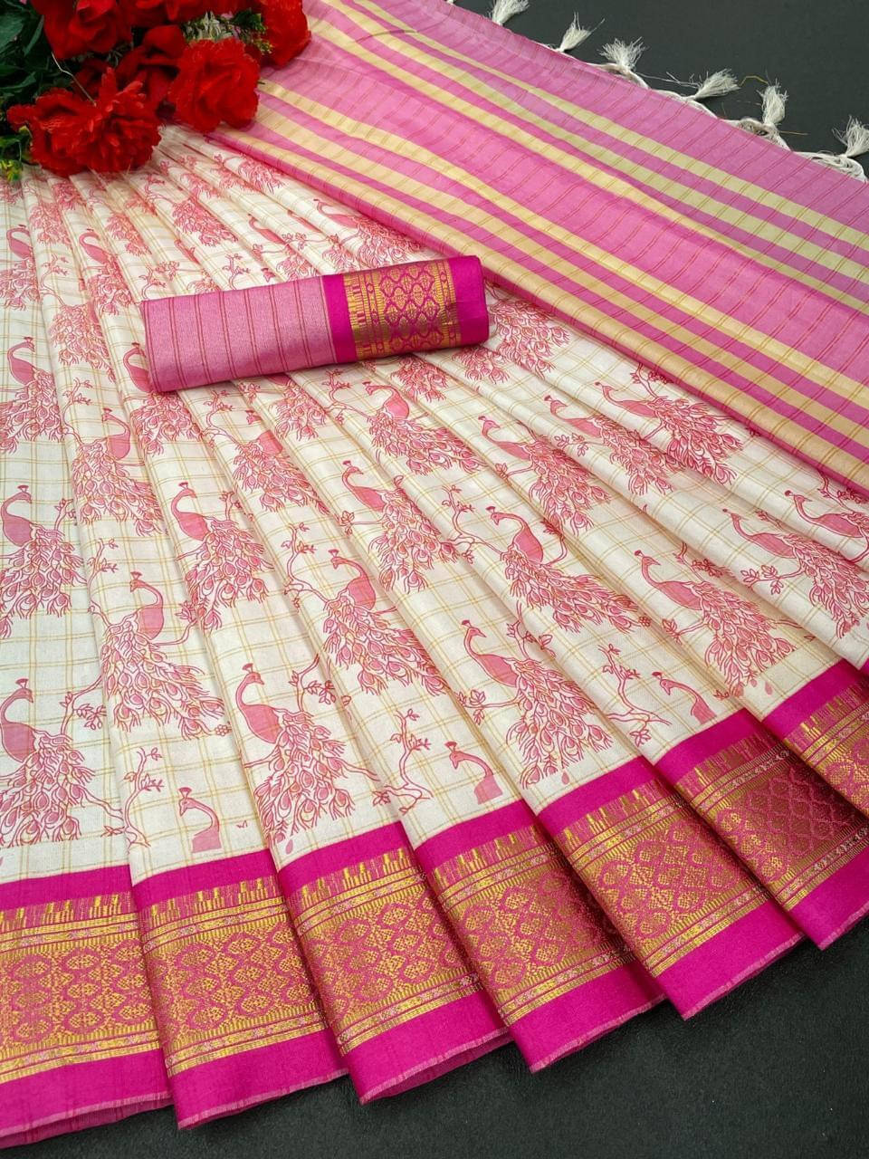     			Bansari Textile Silk Blend Printed Jamdani Saree With Unstitched Blouse Piece ( Pink )