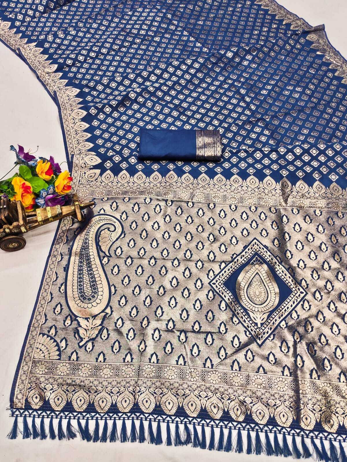     			Bansari Textile Silk Blend Woven Banarasi saree With Unstitched Blouse Piece ( Blue )