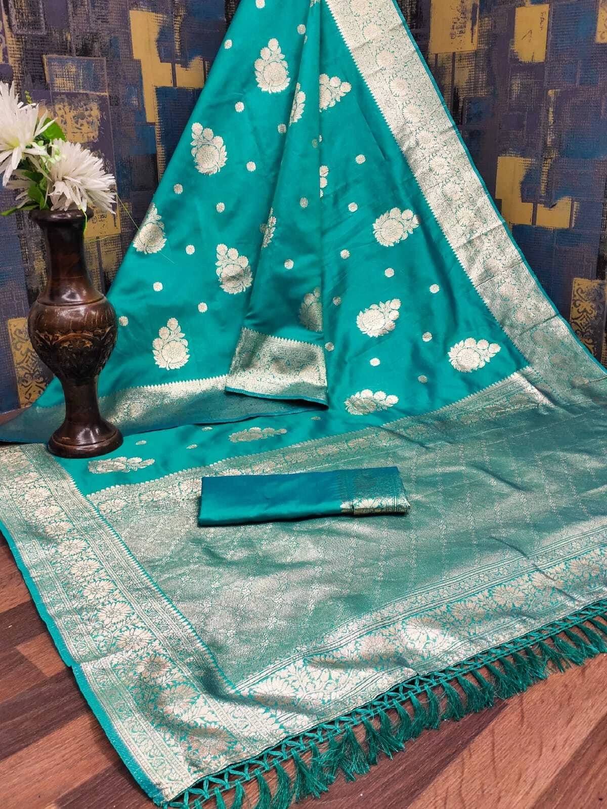     			Bansari Textile Silk Blend Woven Banarasi saree With Unstitched Blouse Piece ( Light Blue )