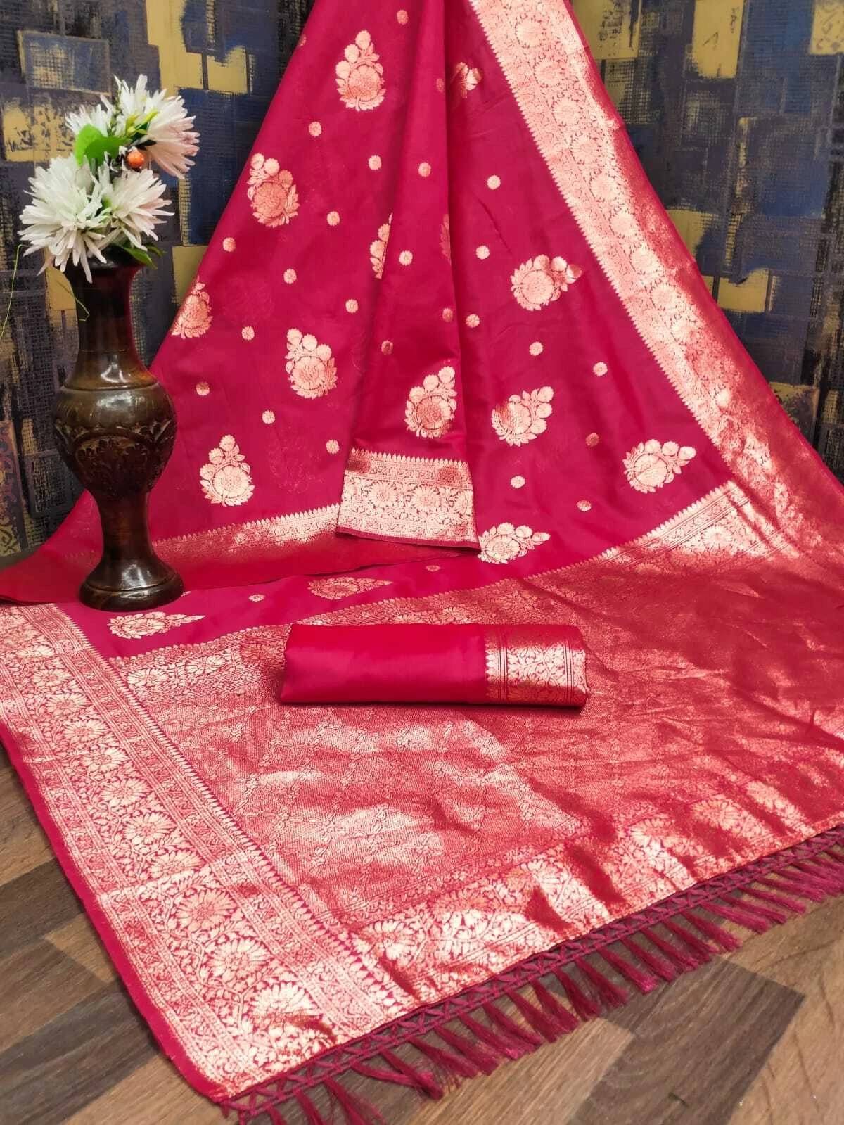     			Bansari Textile Silk Blend Woven Banarasi saree With Unstitched Blouse Piece ( Pink )