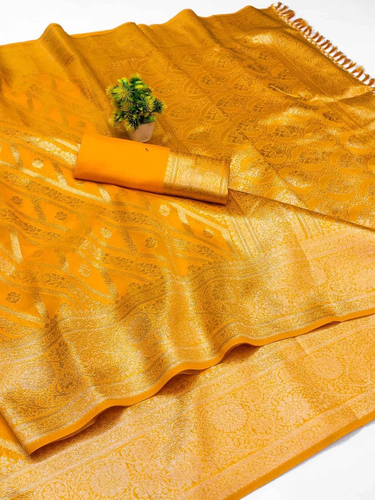 Bansari Textile Silk Blend Woven Banarasi saree With Unstitched Blouse Piece ( Yellow )     			Bansari Textile Silk Blend Woven Banarasi saree With Unstitched Blouse Piece ( Yellow )