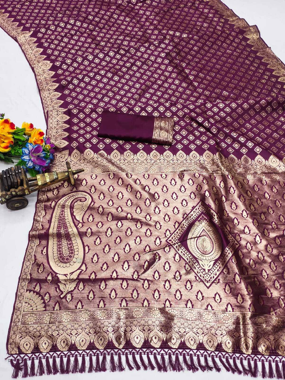     			Bansari Textile Silk Blend Woven Banarasi saree With Unstitched Blouse Piece ( Purple )