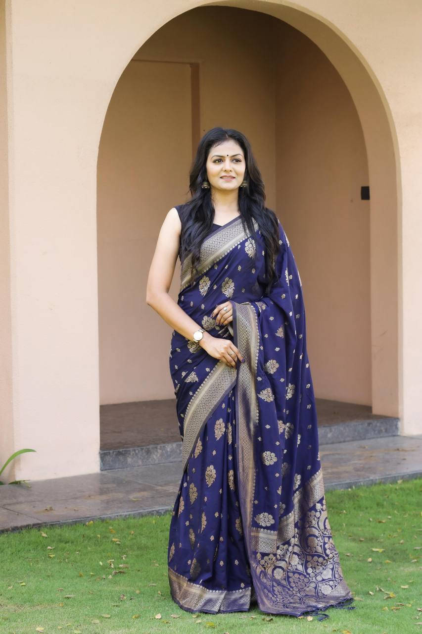     			Bansari Textile Silk Blend Woven Banarasi saree With Unstitched Blouse Piece ( Blue )