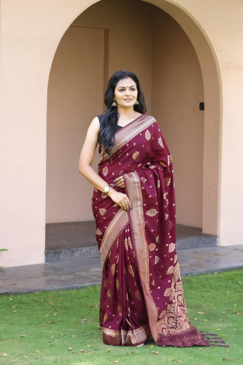 Bansari Textile Silk Blend Woven Banarasi saree With Unstitched Blouse Piece ( Maroon ) Bansari Textile Silk Blend Woven Banarasi saree With Unstitched Blouse Piece ( Maroon )