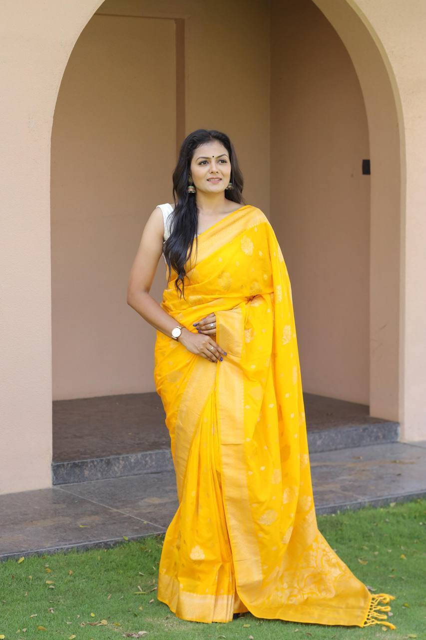 Bansari Textile Silk Blend Woven Banarasi saree With Unstitched Blouse Piece ( Yellow ) Bansari Textile Silk Blend Woven Banarasi saree With Unstitched Blouse Piece ( Yellow )