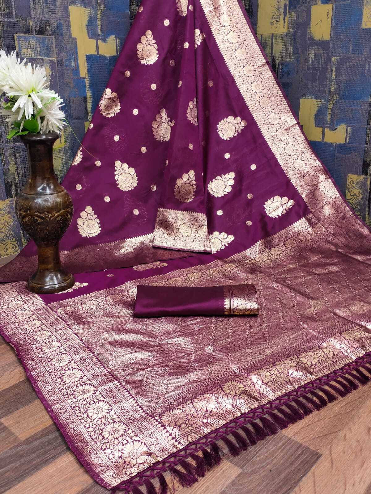     			Bansari Textile Silk Blend Woven Banarasi saree With Unstitched Blouse Piece ( Purple )