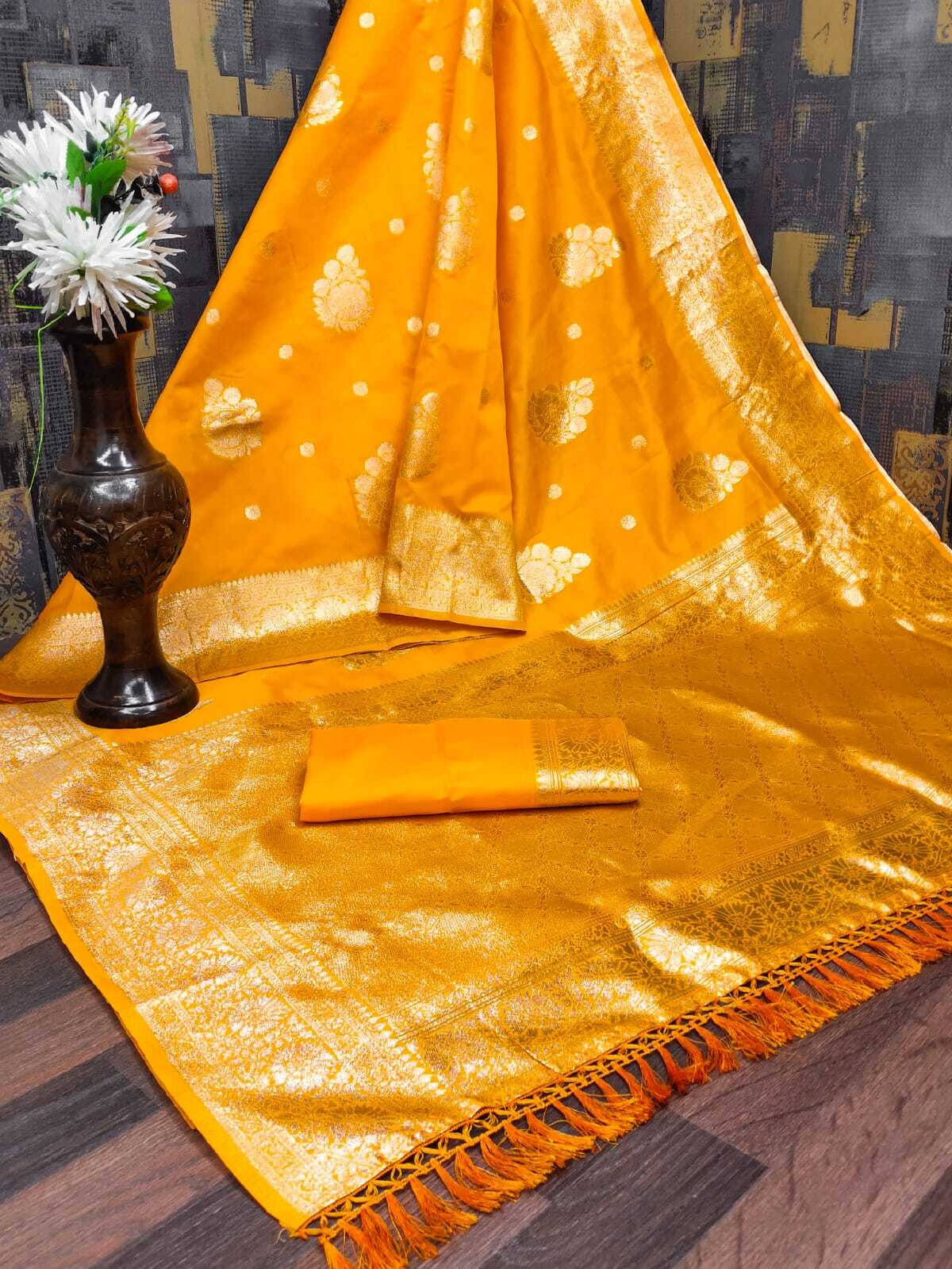     			Bansari Textile Silk Blend Woven Banarasi saree With Unstitched Blouse Piece ( Yellow )