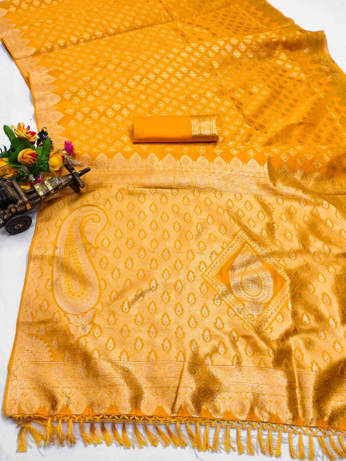     			Bansari Textile Silk Blend Woven Banarasi saree With Unstitched Blouse Piece ( Yellow )