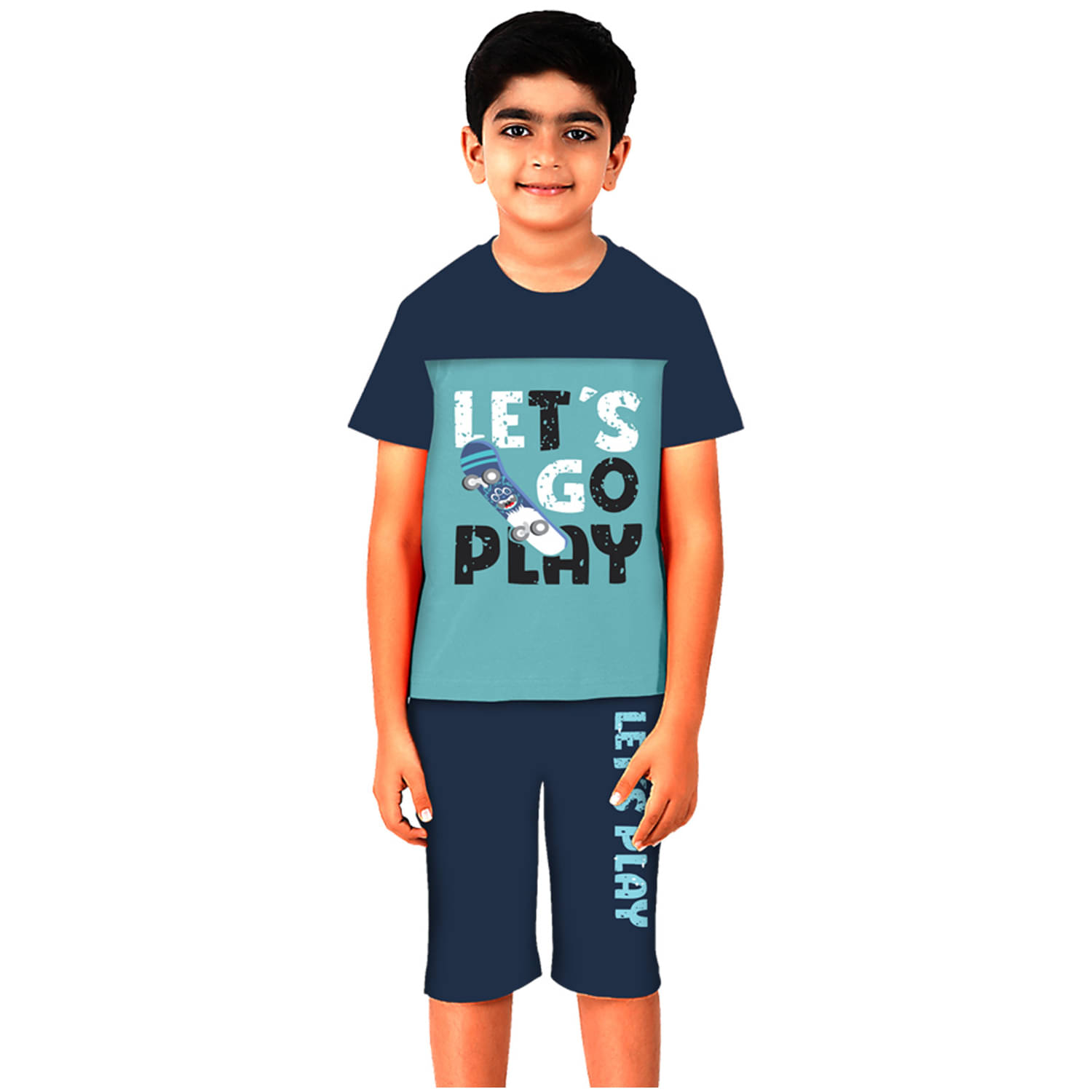     			Billyball Pack of 1 Unisex Cotton T-Shirt & Capris Set ( Blue )