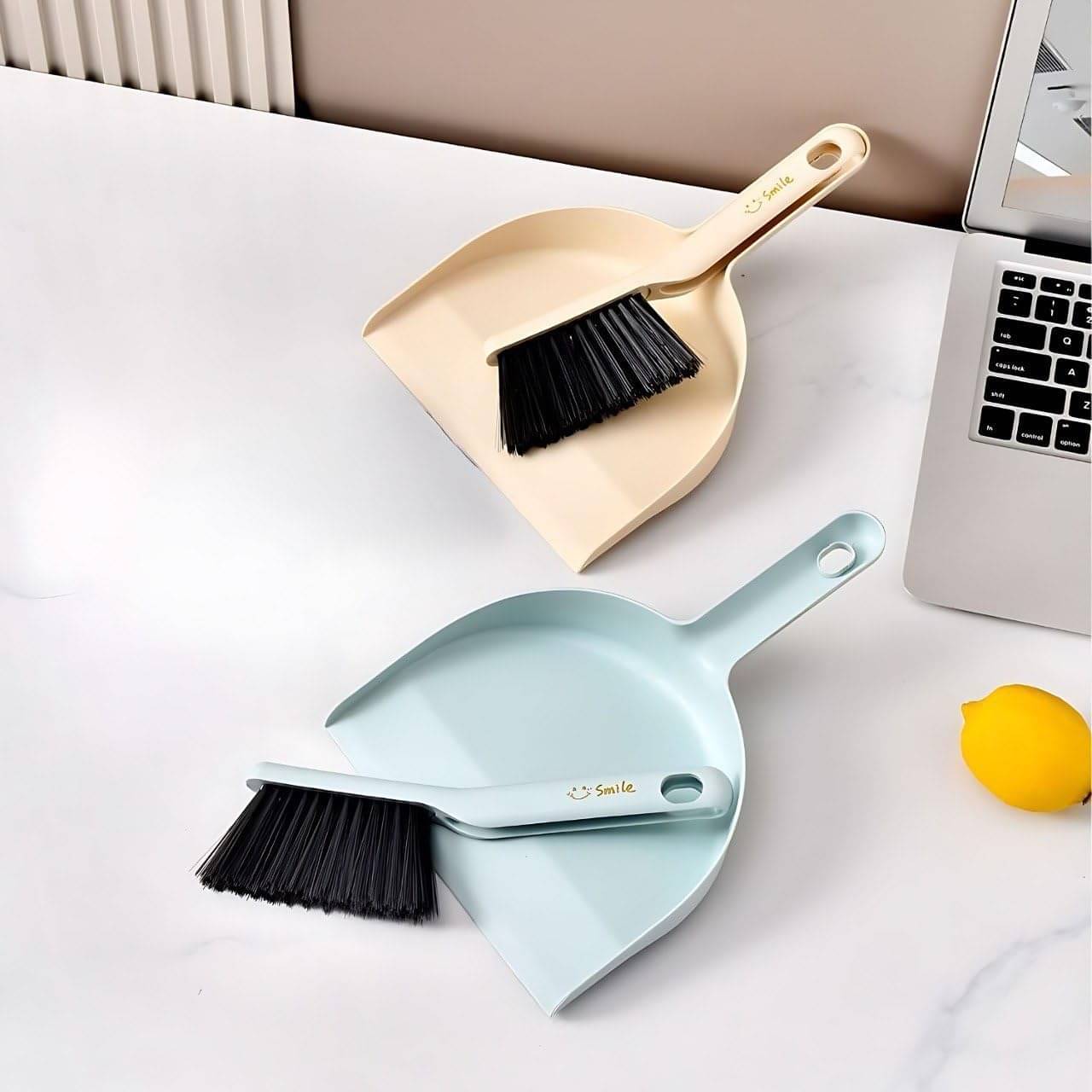     			Broom and Dustpan Isolated, Light Green and Cream Colour, Plastic Dust Pan with Brush for Carpet, Floor Cleaning